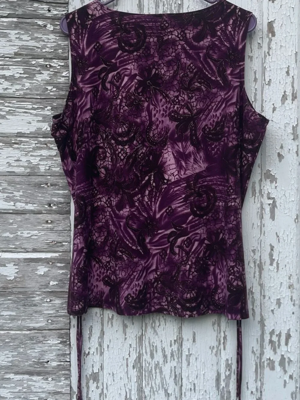 Catty Purple Paisley Gold Texture Accent Side Tie Tank Size 3X ~ XL Fit - Picture 3 of 5